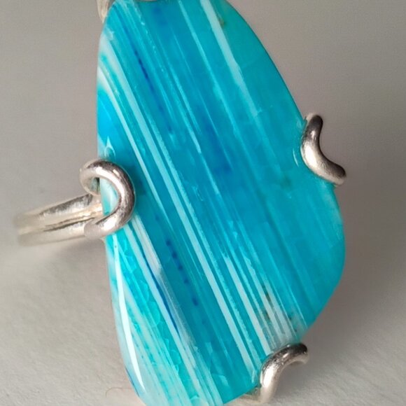 Share 925 Sterling Silver Vintage Blue Agate Shiny Ring Size 6 - Picture 1 of 7